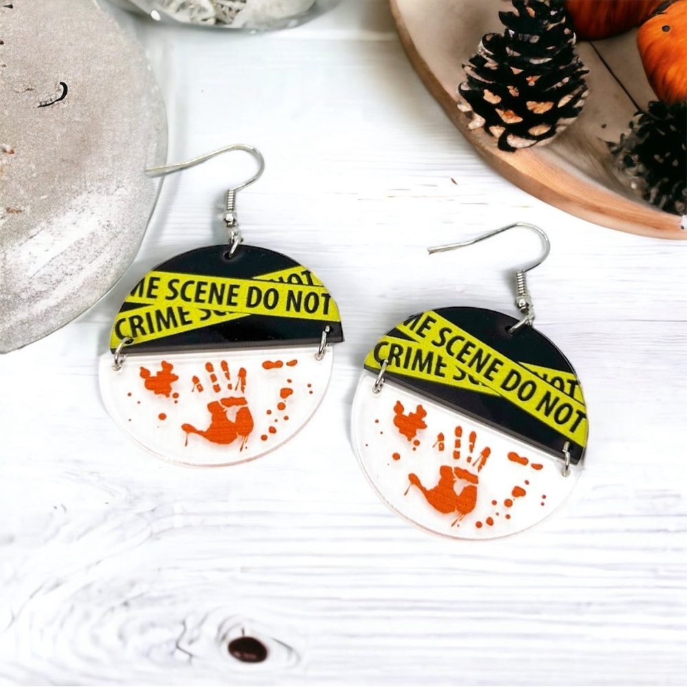 Crime Scene Chic: Unlock Your Style with Tape Dangle Earrings! Halloween Jewelry